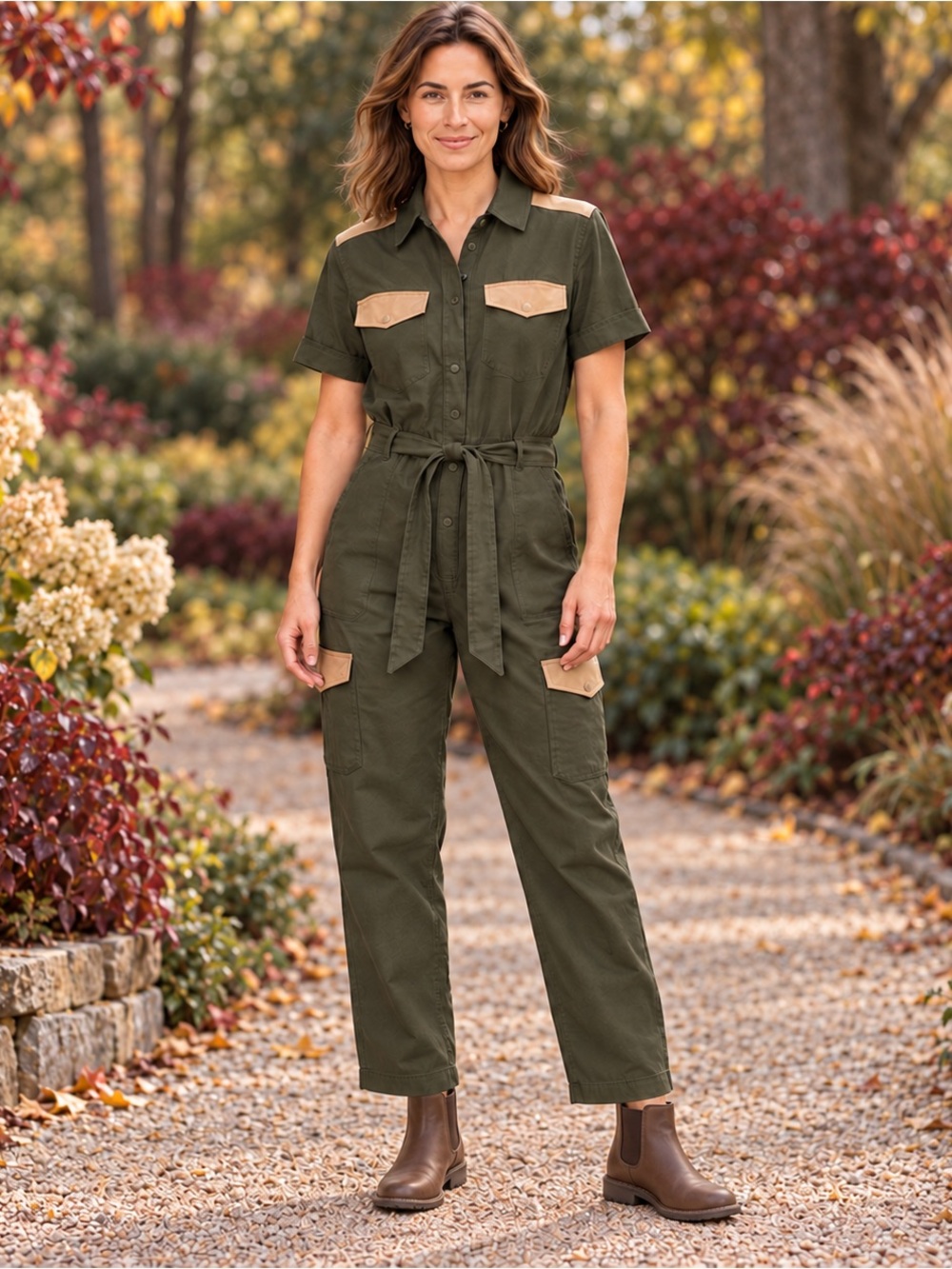 H&M Hart Denton Utility Cargo Jumpsuit Olive Green Suede Patch Belted Small NWT
